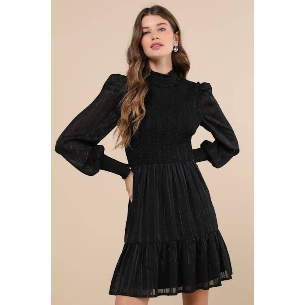 Lulus Heartful Romance Black Striped Smocked Long Sleeve Mini Dress - Size S